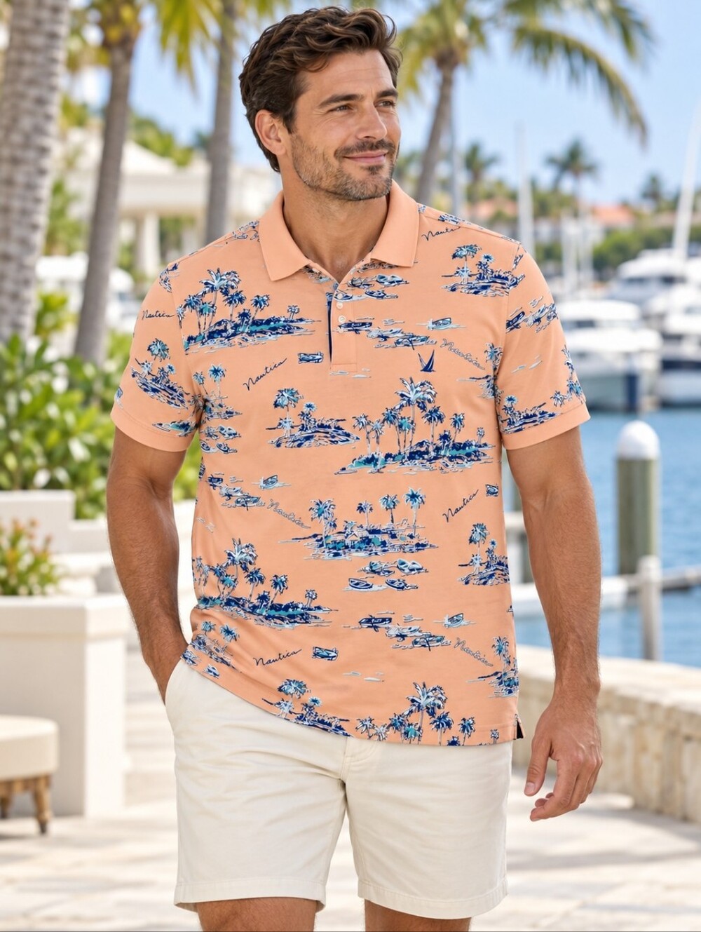 Nautica Blue Sail Tropical Island Boat Print Polo Shirt Men's Large Peach